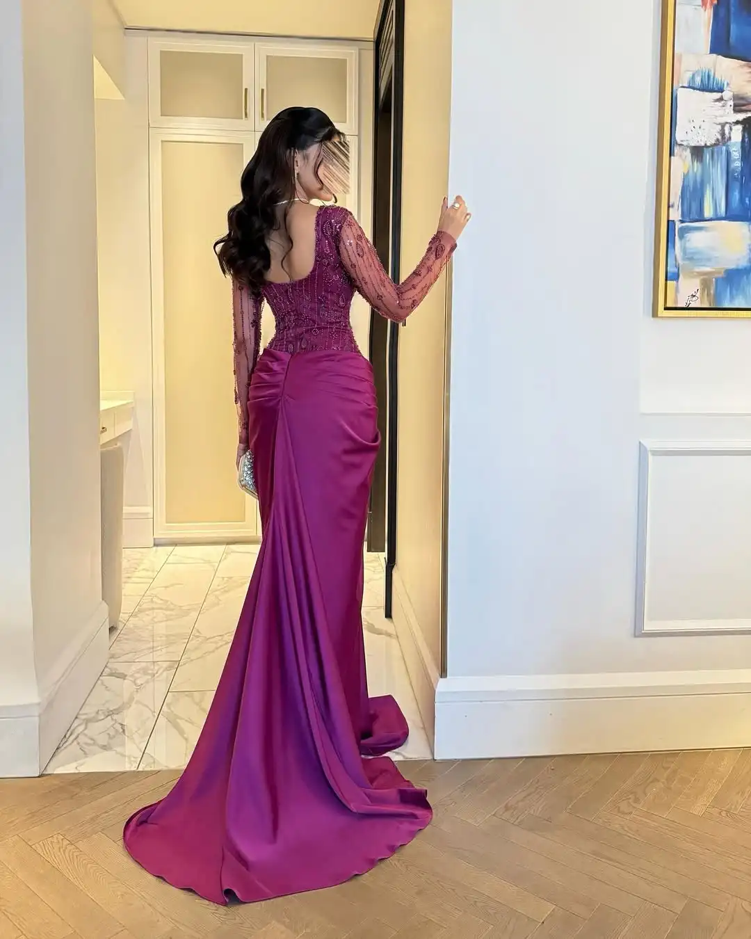 Nuovo design girocollo con paillettes perline maniche trasparenti in raso vita pieghettata drappeggiata sirena abito da ballo formale da sera