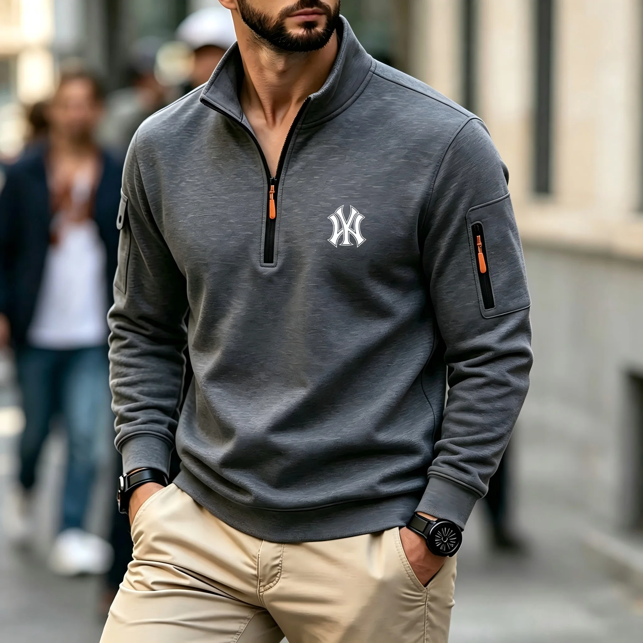 Men's Casual Long-Sleeve Polo Shirt Pullover Sweatshirt Spring and Autumn Outdoor Sports Zipper Men's Shirt Sweatshirt Top