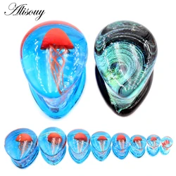 Alisouy 1PC Glass Galactic Orange Jellyfish Water Drop Ear Tunnel Plug Expanders Stretcher Gauges Earrings Piercing Body Jewelry