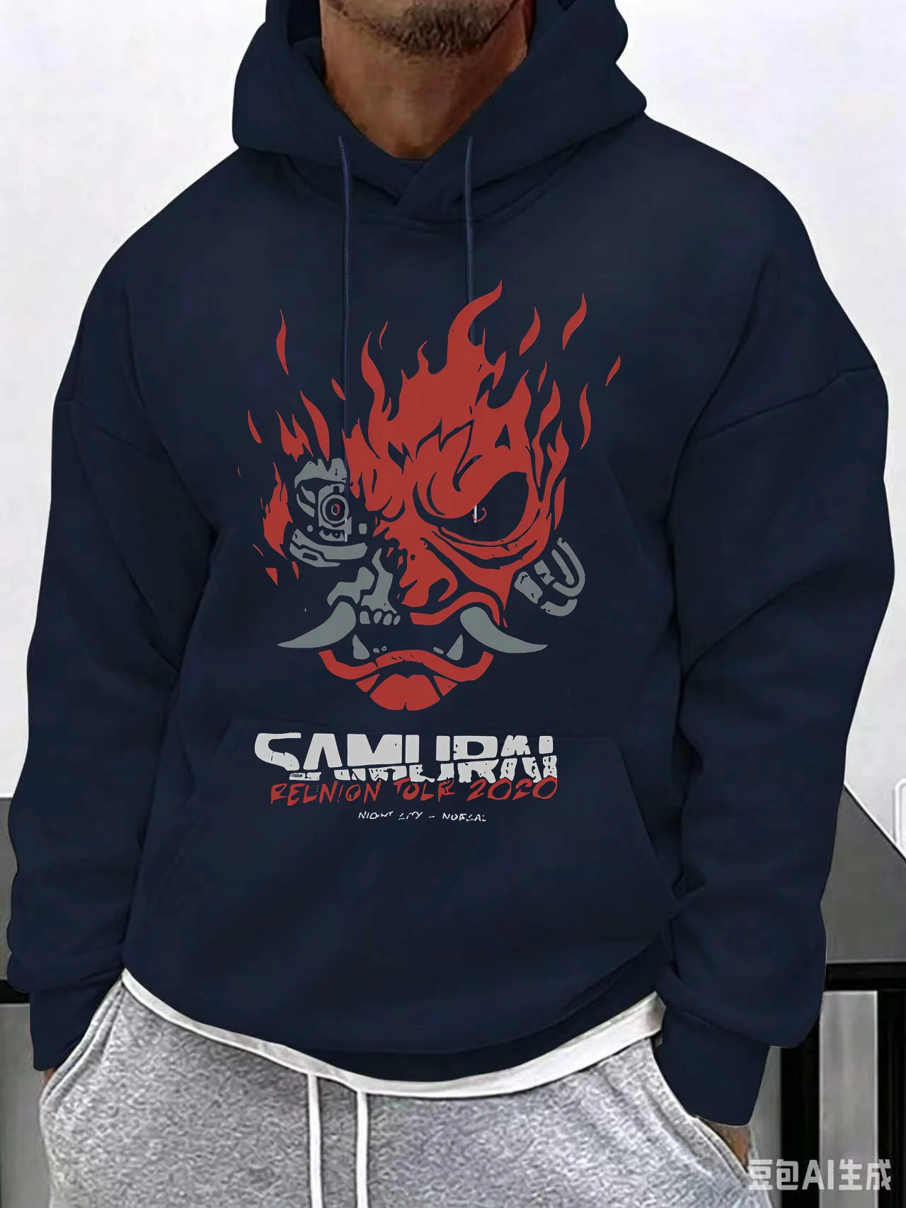 Men's Loose-fitting Hooded Sweatshirt for Autumn and Winter Red Gray Color Blocking Design Resembling A Ghost Face Flame Print