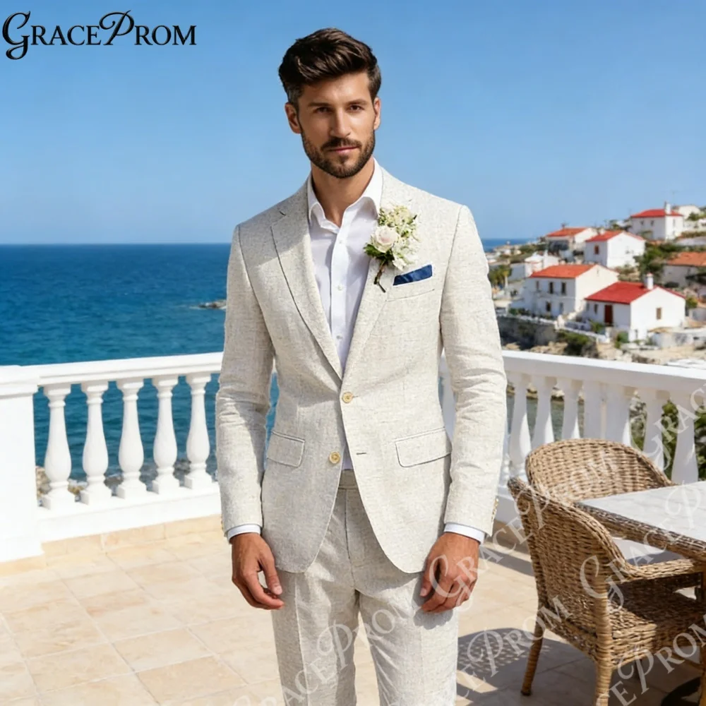 

Casual Linen 2PCS Suit Notch Lapel Slim Fit Jacket Pants Breathable Perfect For Outdoor Gatherings Summer Events Coastal Wedding