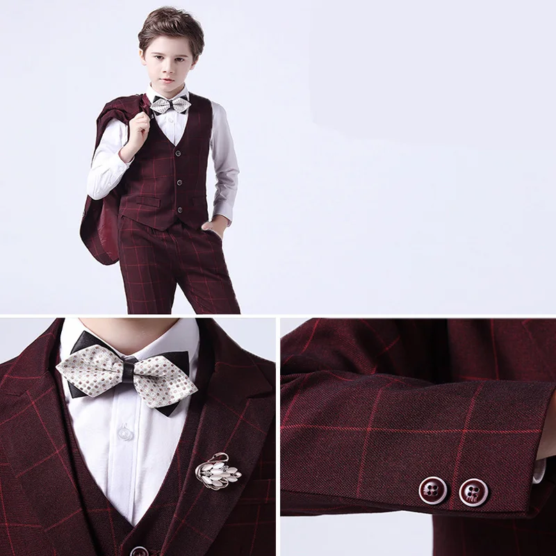 Fashion Boy Formal Suit Kids Quality Plaid Tuxedo Wedding Set Teenager Child Blazer Bowtie Pants Shirt Party Performance Costume