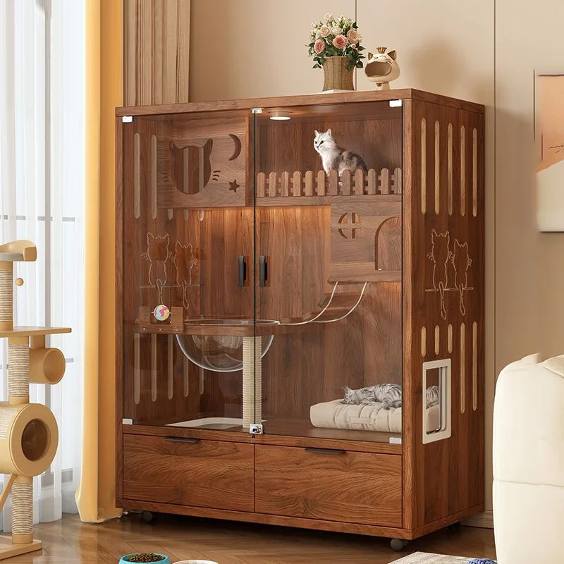 

Клетка для кошек Вилла из цельного дерева Большое свободное пространство Дом с ящиком и туалетом Роскошное гнездо Шкаф для кошек