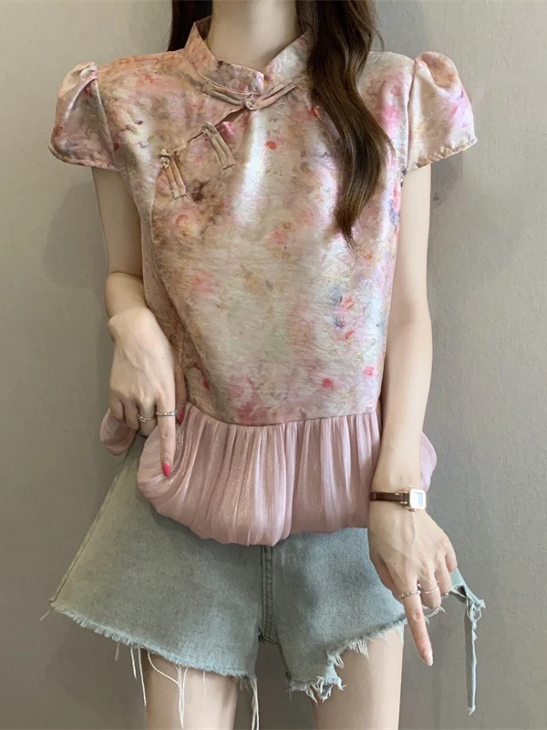 

New Chinese Style Short Sleeve Shirt Women's Beautiful Button Shoulder Large Size Summer New Style Commute Korean Loose Fit