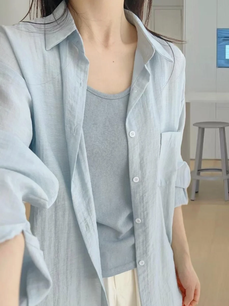 

Синяя женская летняя тонкая верхняя одежда с длинными рукавами, свободная рубашка с воротником для защиты от солнца, повседневная рубашка больших размеров, утягивающая фигуру