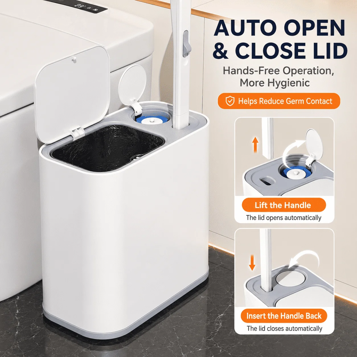 2-in-1 Toilet Brush and Trash Can with Lid, Disposable Brush Head Holder, Slim Bathroom Cleaning Bin, Space-Saving Design