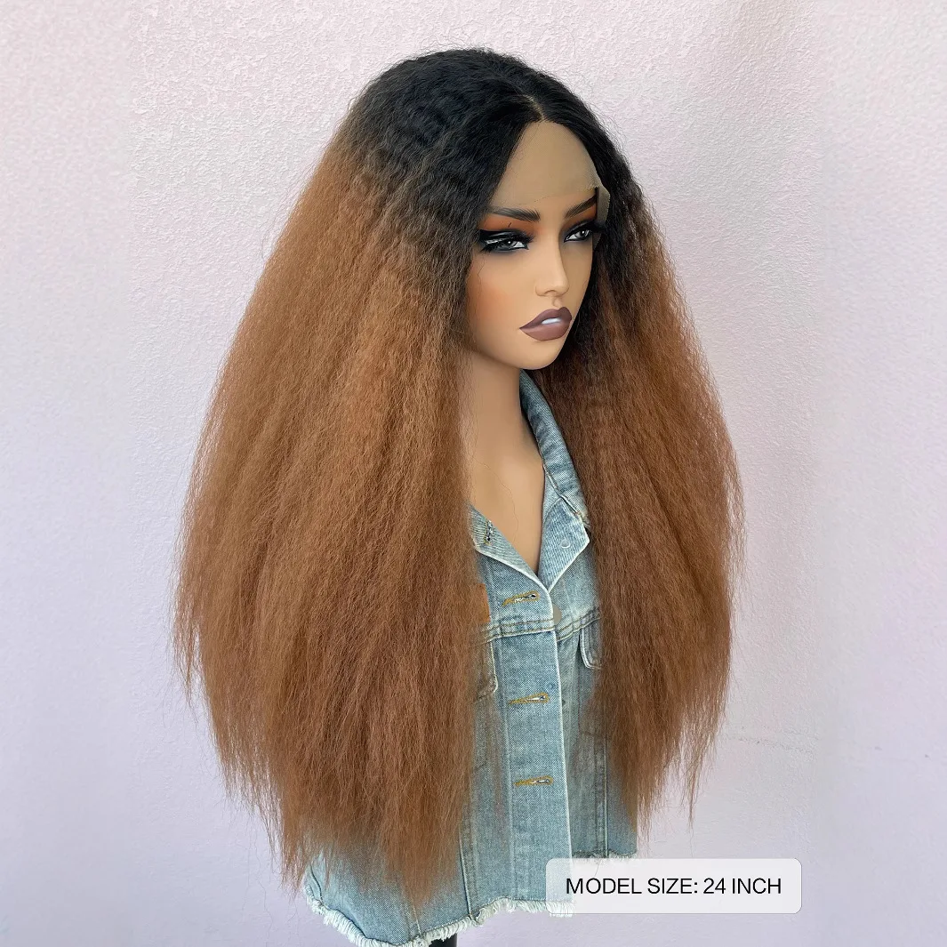 Wig Rambut Lurus Kinky dengan Lace Front untuk Wanita, Wig Afro Yaki Gelombang Panjang Keriting Lurus Ombre Cokelat, Wig Cosplay Pesta Halloween yang Mengembang