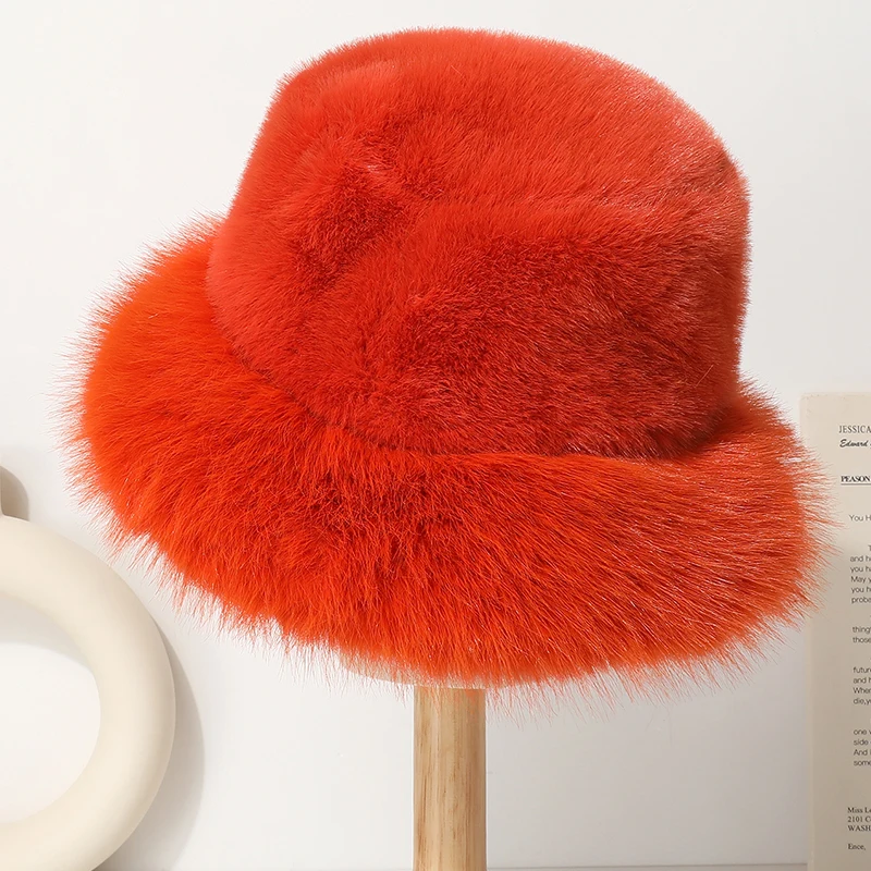 Big Faux Fur Bucket Hat for Women Thick Plush Warm Lovely Fluffy Winter Hat Lady Luxury Fashion Furry Panama Fisherman Cap view 5