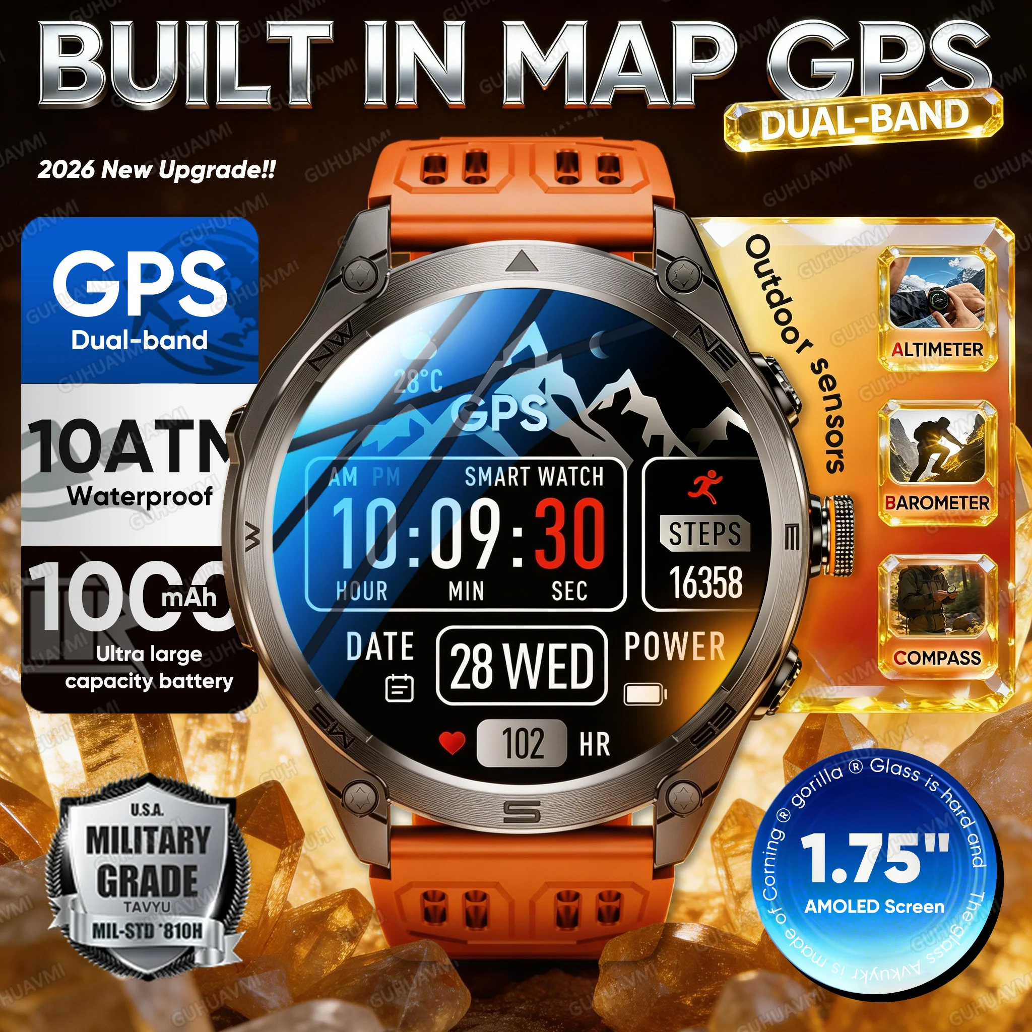 2026 New Dual-Band GPS Military Rugged Smart Watch Built-in GNSS 10ATM Waterproof 1000mAh Battery Compass Altimeter Smartwatches
