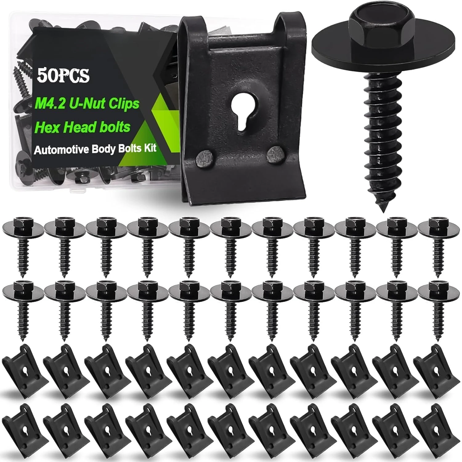 50PCS M4.2 U-Nut Clips & Hex Head Automotive Body Fender Bolts Kit,for Most Cars Fender,Engine Undertray Cover, Engine Cover