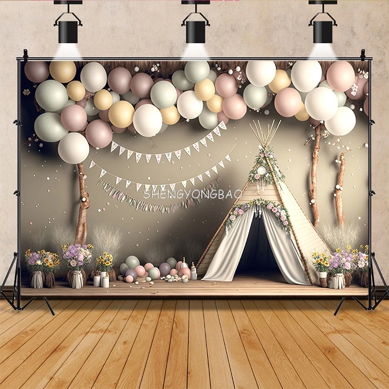 Baby Shower Newborn Digital Photography Backdrop Props Bear Colorful Air Balloon Happy Birthday Party Scene Studio Background