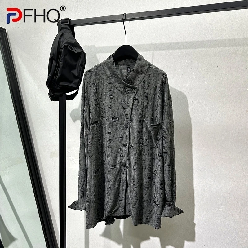 PFHQ Men's Long Sleeve Shirts Trendy Versatile Solid Color Worn Out Asymmetry Design Personality Summer Male Thin Tops 21Z4913