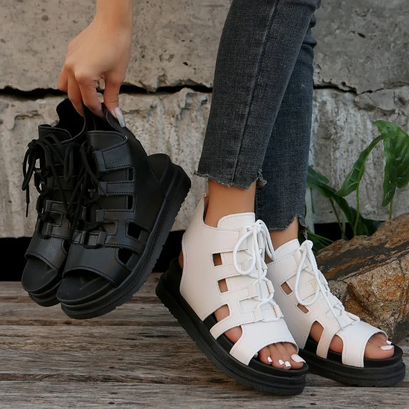 

Wedge Heel Thick-Soled Roman Shoes Leather Sandals 2024 Summer New Fish Mouth Peep Toe Shoes Women's Sandals