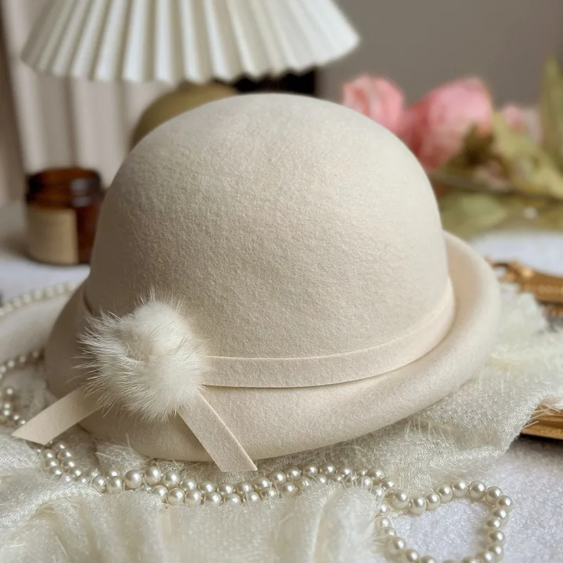 100% Wool Retro Hats Women Rabbit Fur Ball Wedding Cocktail Party Cap Roll Rim Church Beret Elegant Caps High-end Felt Hat
