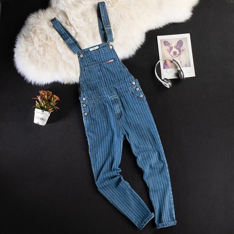 

Retro Striped Denim Jeans Men Women Nine-Piece Travel Trendy Shoulder Pants Blue Spring Autumn Casual Multi-Pocket Wear Resis...