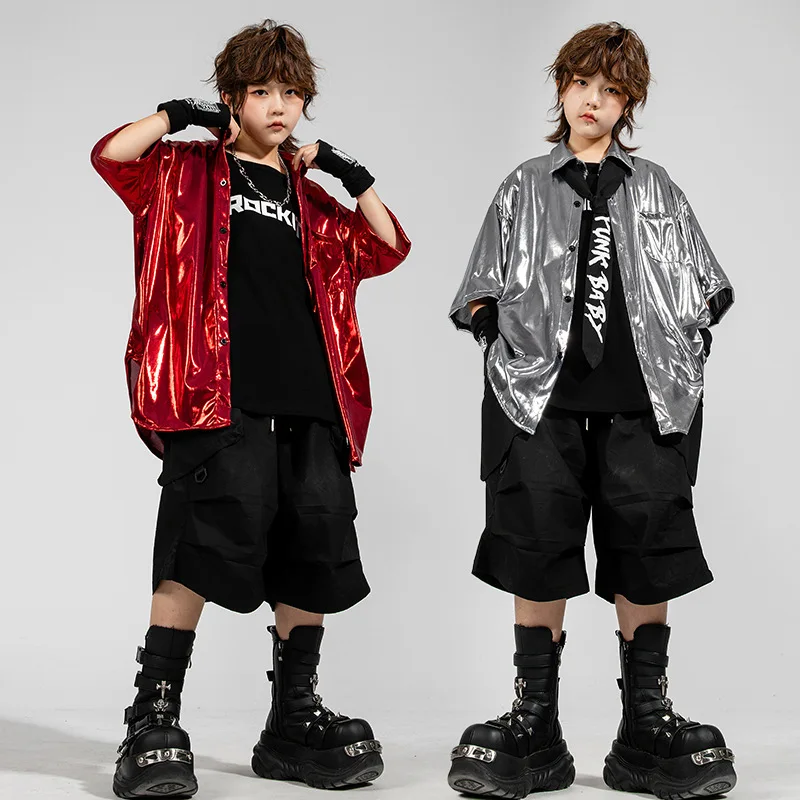 

Kid Kpop Hip Hop Clothing Bright Red Silver Shirt Black Casual Parachute Cargo Shorts for Girl Boy Jazz Dance Costumes Clothes