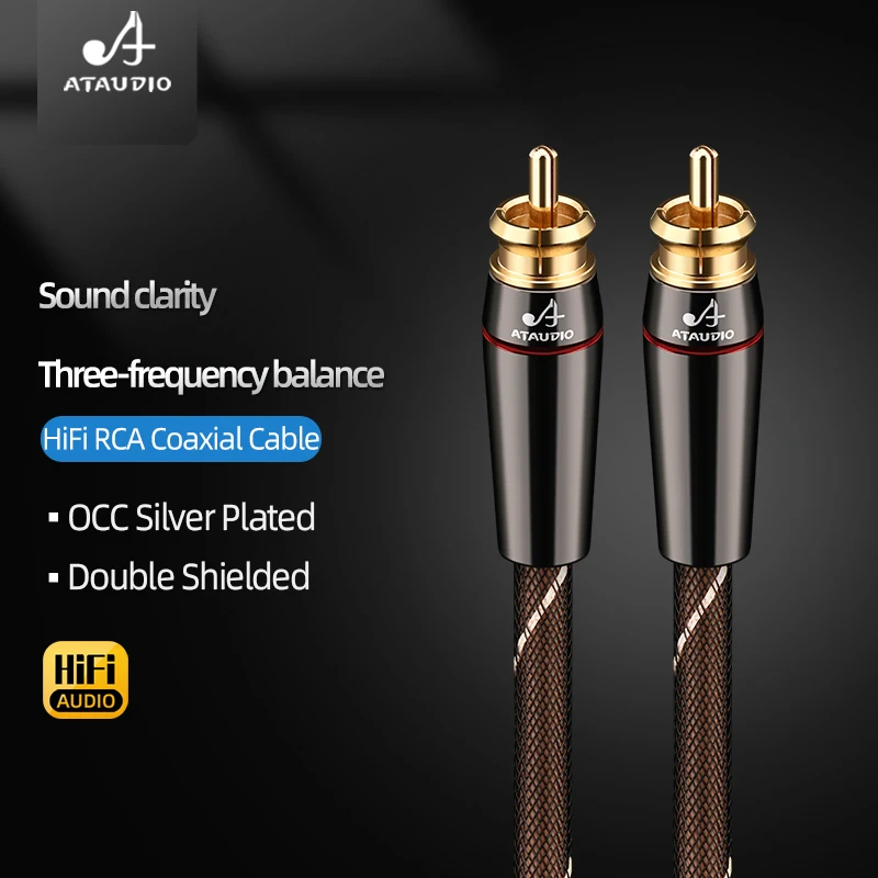 ATAUDIO Audio Coaxial Cable 75Ω 6N OCC Silver Plated Hi-end RCA to RCA Male Cable Speaker HiFi Subwoofer Cable