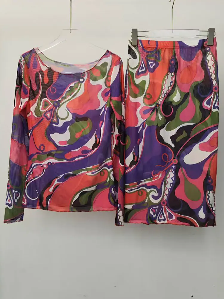 Retro Luxury Gauze Women's Suit Spring New Slim Stretch Printed Long Sleeve Gauze Perspective Top + Fashion Hip Skirt Two-Piece
