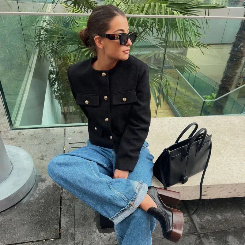 Woman Outerwears Autumn Long Sleeve Cropped Jacket For Women Winter Button Demi-Season Short Coats Elegant Women\'s Coat