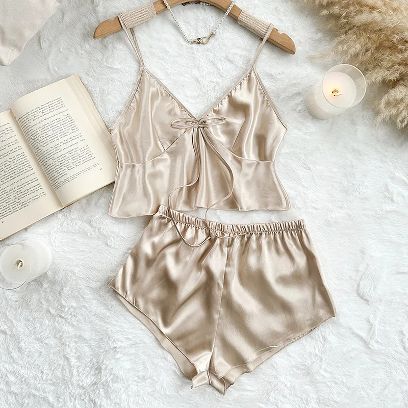 Stain Ice Silk Pajamas Set for Women Spaghetti Straps V Neck Crop Tops and Shorts 2-Pieces Sleepwear Loungewear for Home image 5