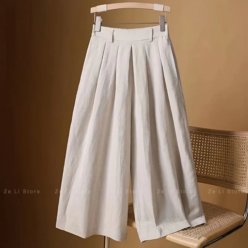 New Arrivalpetitesloose Cropped Pantssummer Cotton and Linen Women's Pants Thin High Waistslimming Look Wide Leg Pants Culottes