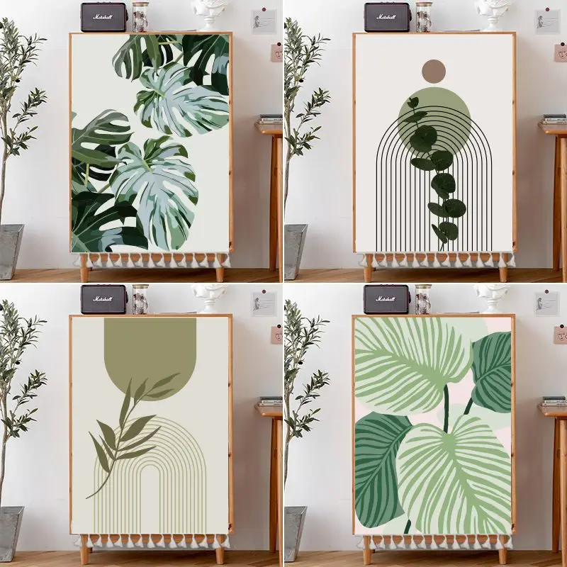 VIKAMA Boho Green Leaf Cabinet Curtain No Drill Magic Tape Monstera Print Self Adhesive Furniture Cover Home Decor