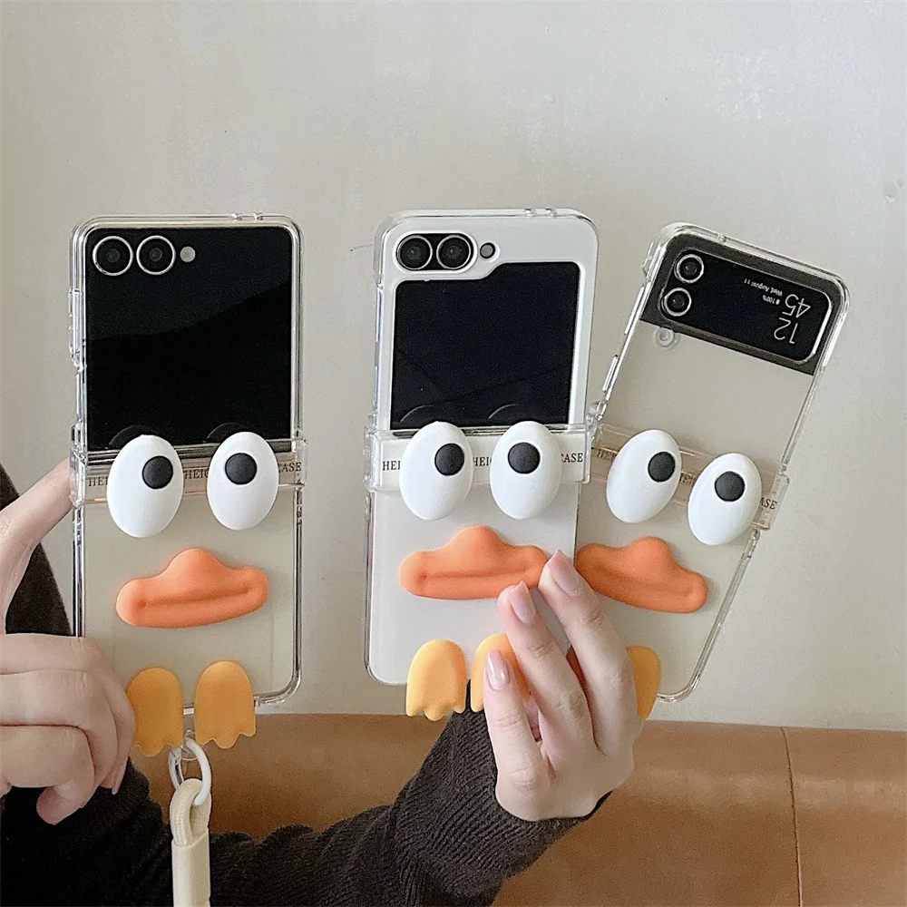 

Funny 3D Duck Kawaii Phone Case for Samsung Galaxy Z Flip6 5 4 3 Flip7 Flip5 6 7 FE Cover with Chain Cute Cartoon Shockproof Fun