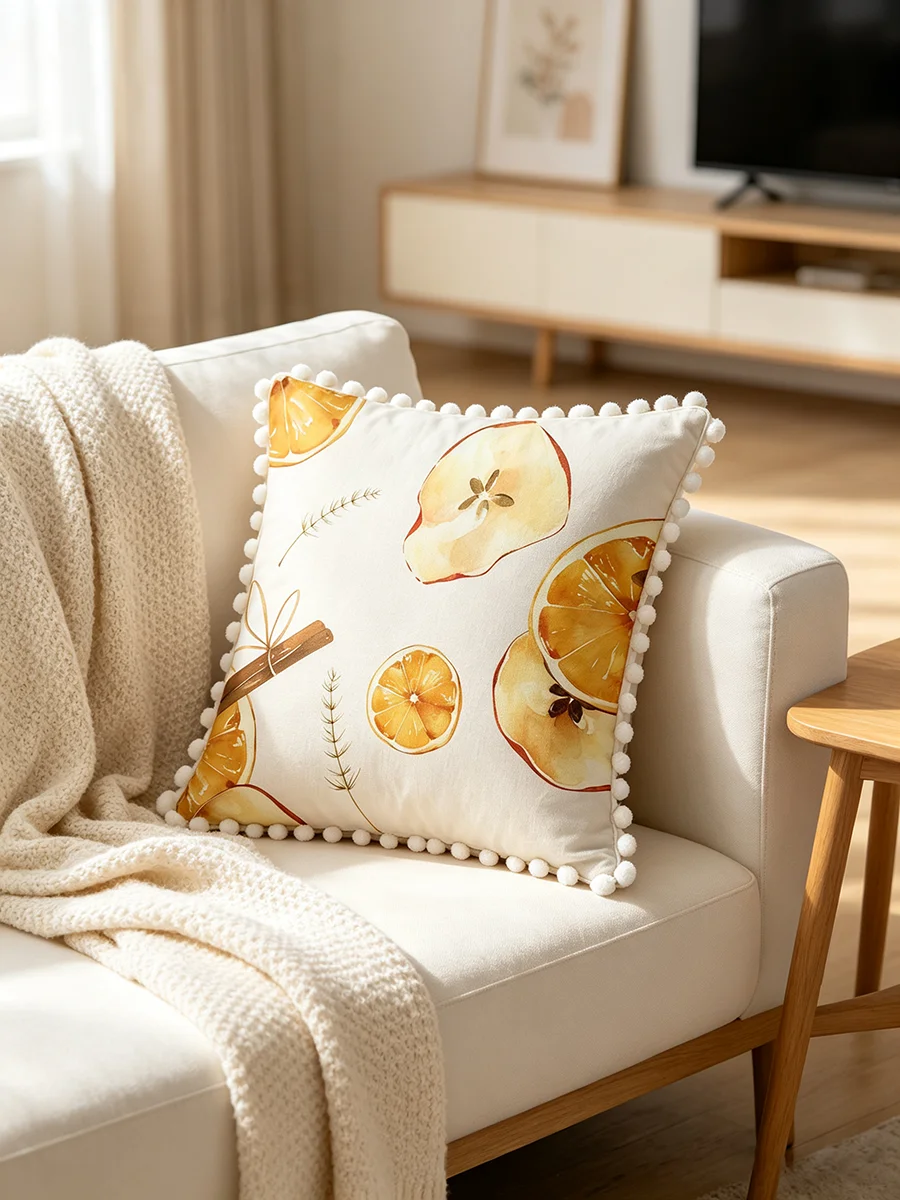 1PC Orange Slice Print Pillow Cover Pom Pom Tassel Beige Cinnamon Apple Decorative Throw Pillow Sofa Couch Bedroom Home Decor