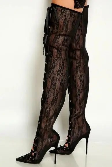 

Sexy Women Black Lace Mesh Floral Pointed Toe Cross Tied Lace Up Stiletto Heels Over The Knee Boots Fashion Thigh Long Boots