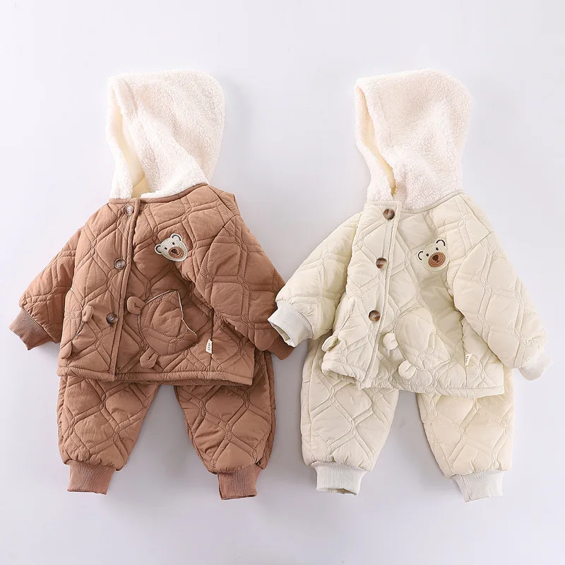 

New Winter Baby Clothes Suit Children Boys Thick Warm Hooded Jackets Pants 2pcs Set Kids Girls Clothing Toddler Costume 1-4 Year