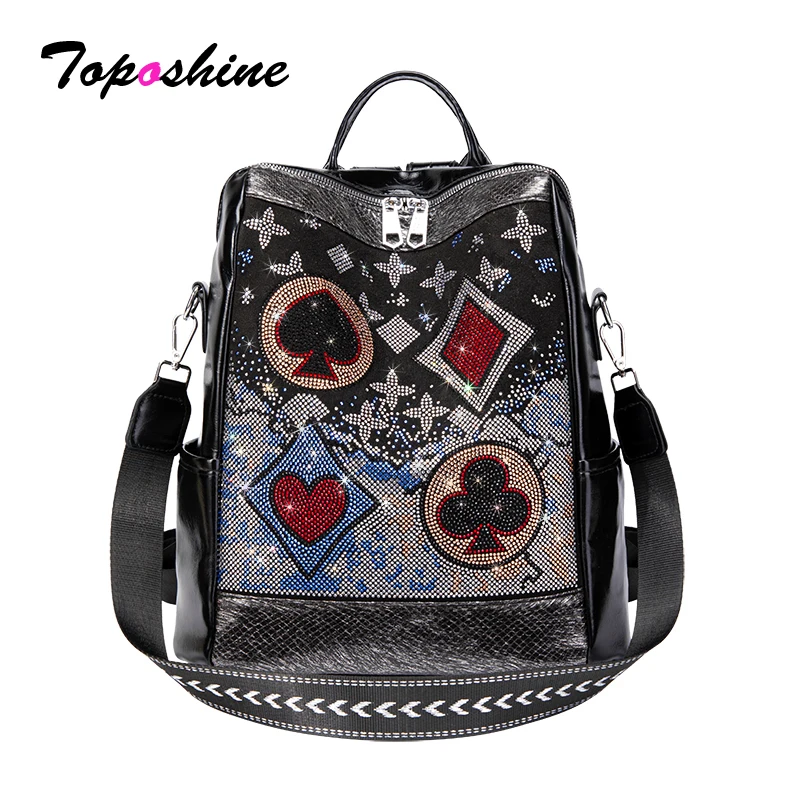 toposhine-bling-rhinestone-poker-card-women-backpack-large-capacity-pu-leather-casual-daypack-multi-use-travel-lady-shoulder-bag
