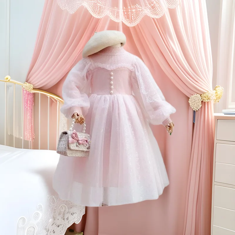 

Girl's Princess Dress2025Autumn Mesh Lantern Long Sleeve Patchwork Solid Color Knitted Puffy Dress for Little Girls
