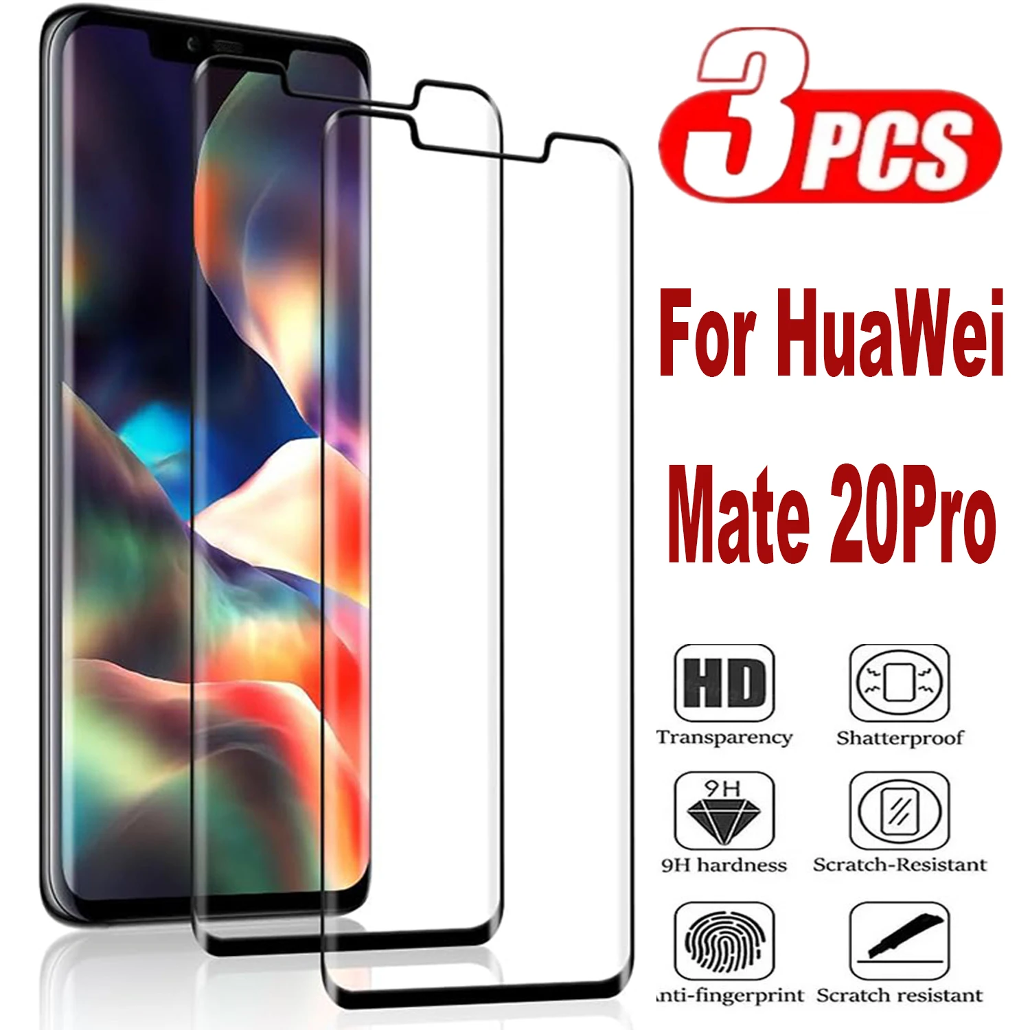 

For Huawei Mate 20 Pro,3Pcs 3D Tempered Glass Curved Screen Protector 9H