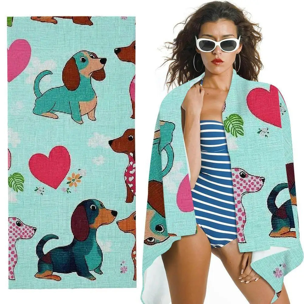 Cartoon Dachshund Dog Heart Floral Repeat Print Beach Towel Highly Absorbent Soft Towel For Puppy Family Outdoor Swimming