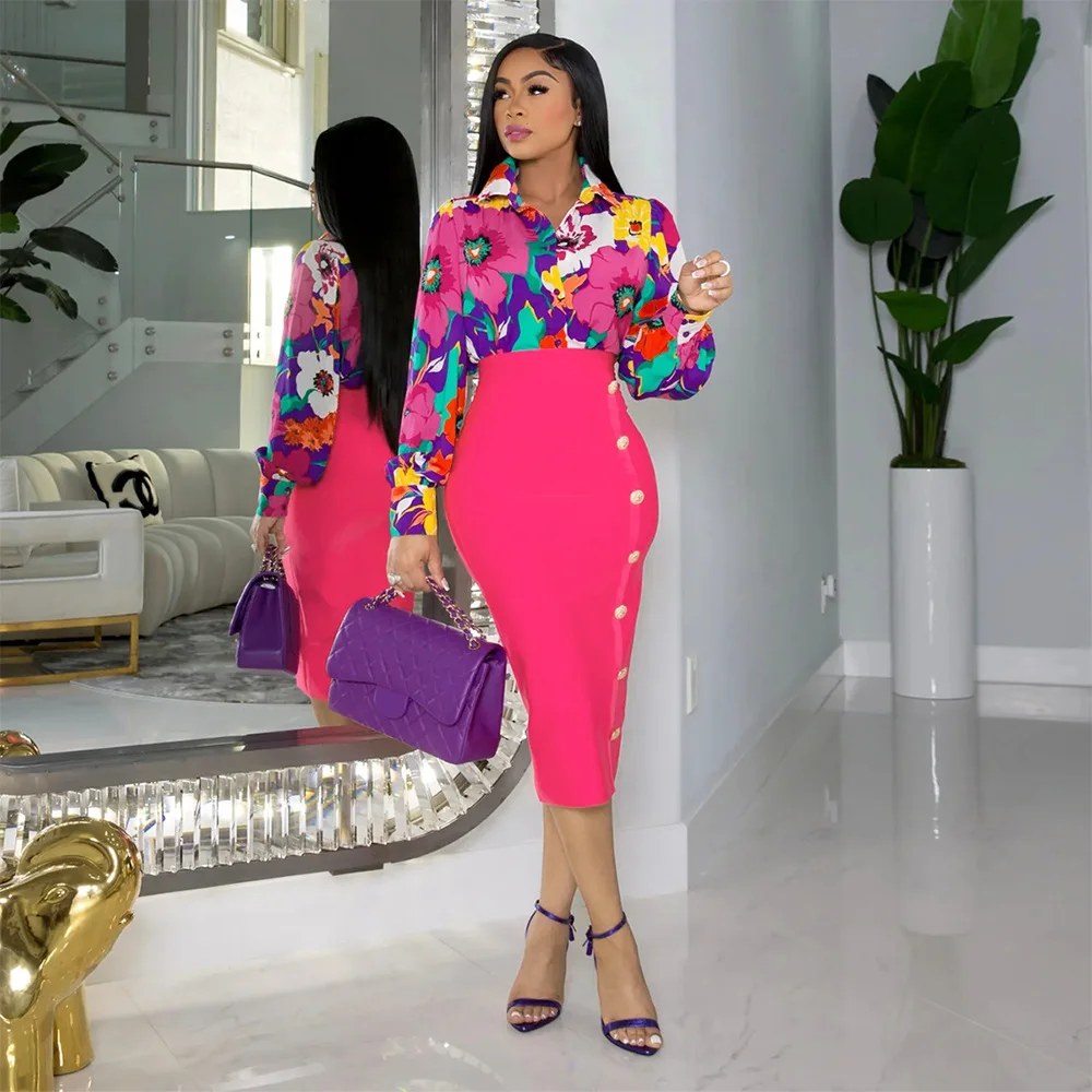 

Spring Summer 2 Piece Outfit Women Printed 2 Piece Set Button Down Shirt Blouse Button High Waist Midi Bodycon Skirt Suit Women
