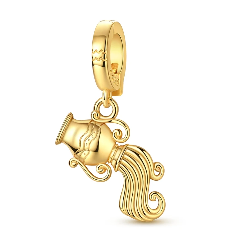 

925 Sterling Silver Charms Bead CZ Zircon Golden Aquarius Dangle Fit Original Bracelet DIY Women Jewelry Gift