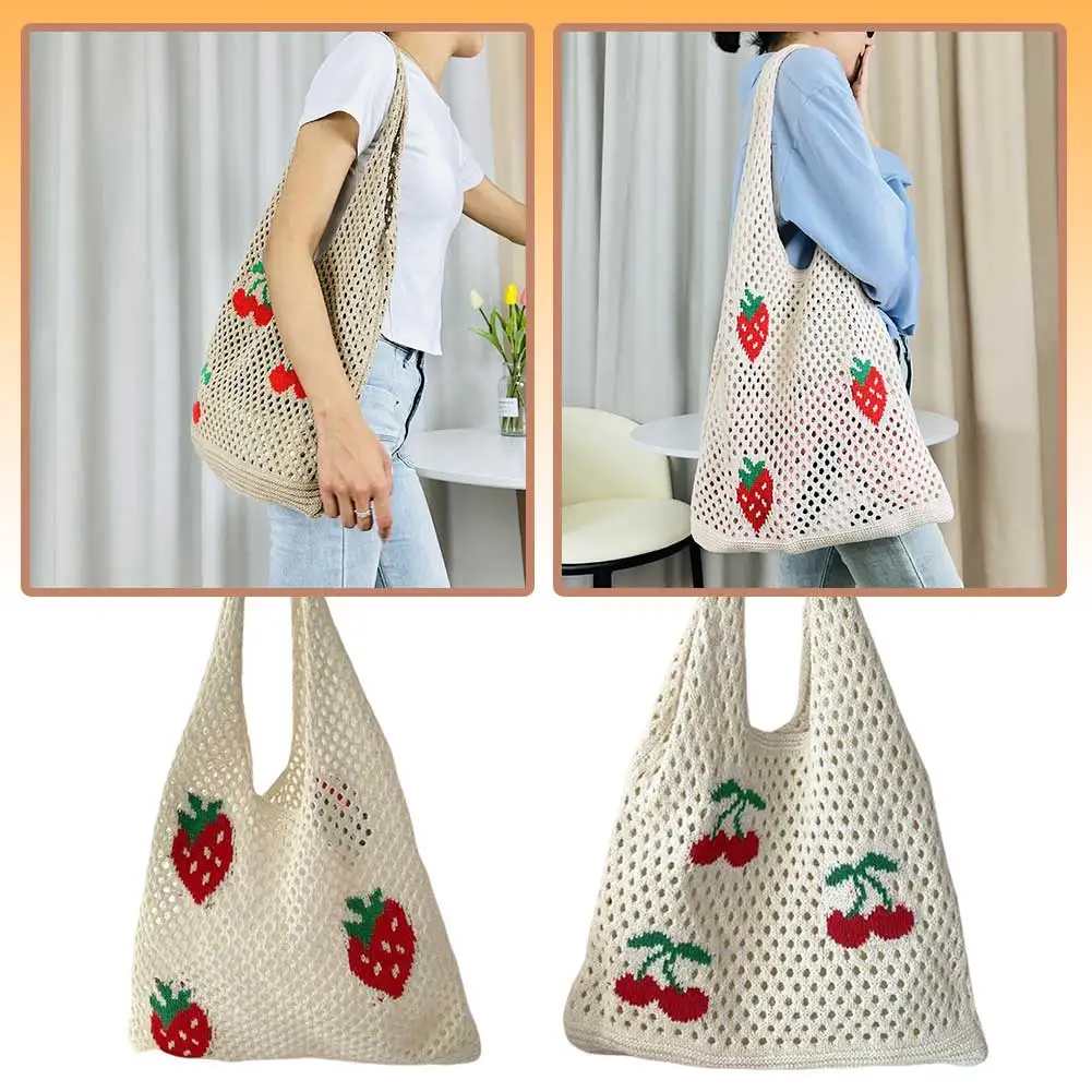 Women Fashion Strawberry Cherry Pattern Crochet Tote Bag Large Capacity Shoulder BagCasual Handbag Cute Trendy Bag Knitting Bag