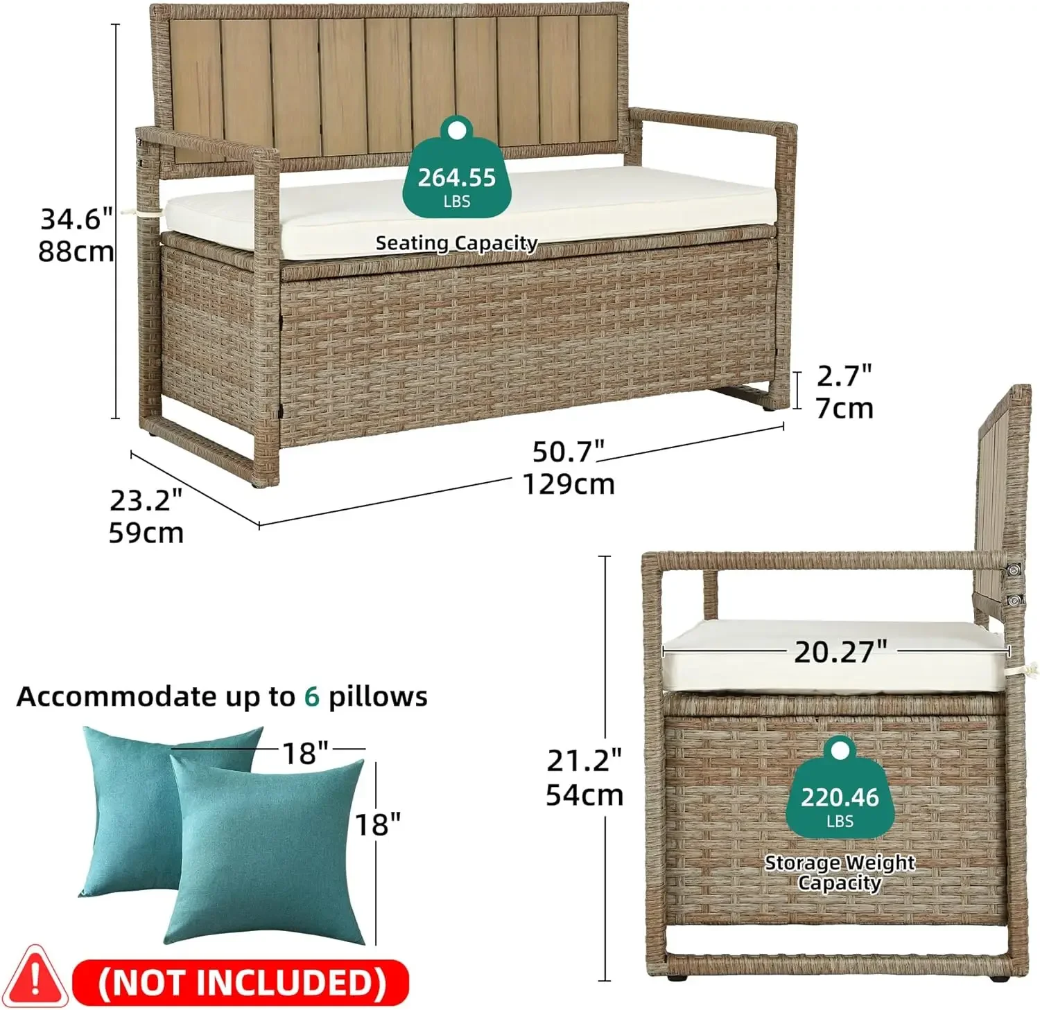 Banc de rangement pour l'extérieur, boîte de pont en rotin PE tous temps, boîte de siège de rangement WUNICEF pour meubles d'extérieur, coussins