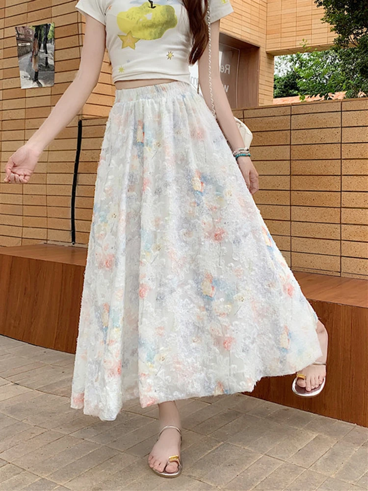 Zoki ผู้หญิงดอกไม้หวานกระโปรงยาวสบายๆเอวสูงหลวมกระโปรงเกาหลีคุณภาพสูง Lady แฟชั่นชุดบอลกระโปรงยาว