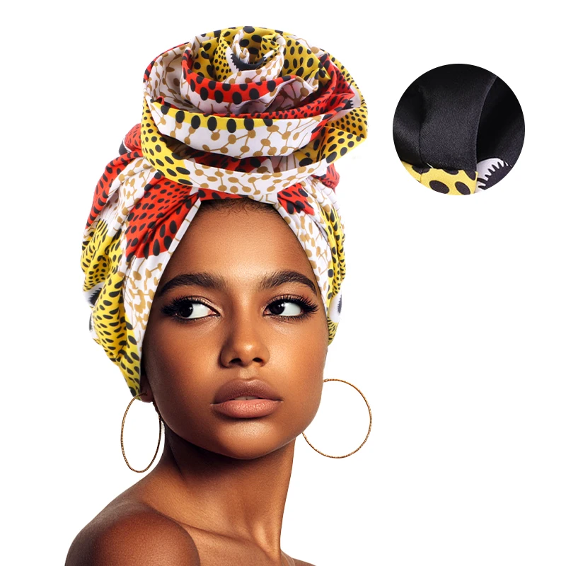 New Women African Print Stretch Bandana Head Wrap Satin Floral Ankara Dashiki Wedding Party Cap Beanie Muslim Hijab Bonnet