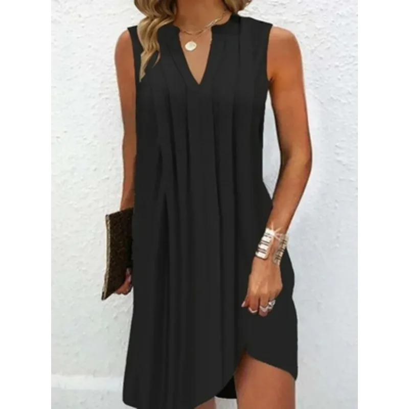 Summer new hot V-neck pleated sleeveless vest solid color dress woman