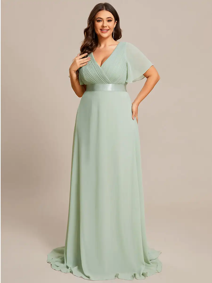 Plus Size Avondjurken Lange A-Lijn Dubbele V-Hals Ruches Jurk 2024 Altijd Mooi Van Chiffon Mintgroene Bruidsmeisje Damesjurk