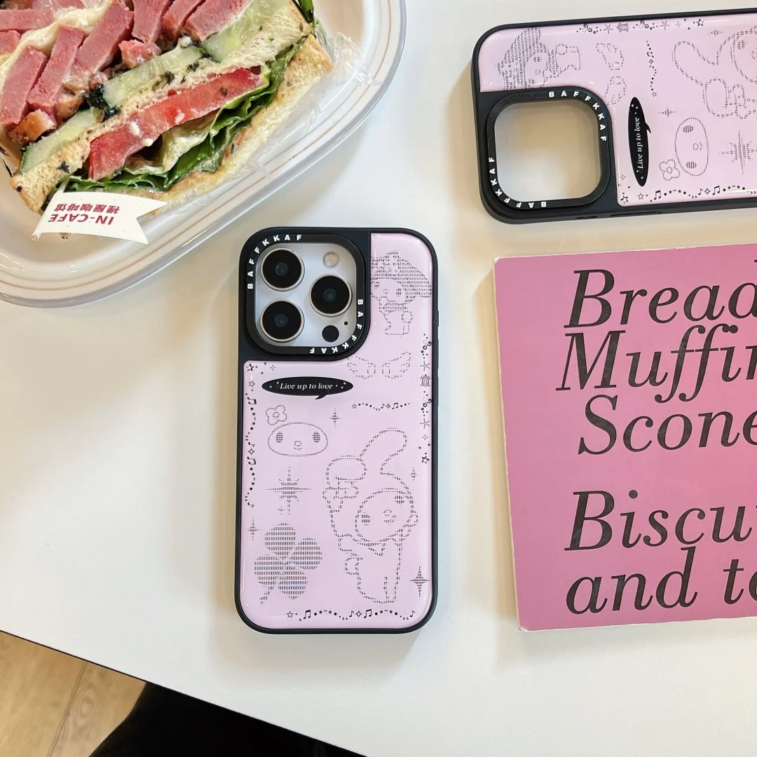 Coque de téléphone de luxe rose mignonne My Melody pour iPhone 13 14 15 16 Pro Max bordure noire époxy goutte à goutte adhésif couverture arrière en Silicone ﻿ ﻿