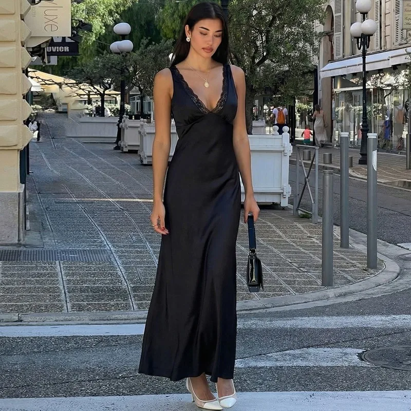 

Tuularose Women's Lace Dress Black Sexy Deep V-Neck Lace Patchwork Backless Dress Elegant Lace-up New Female Party Evening Dress