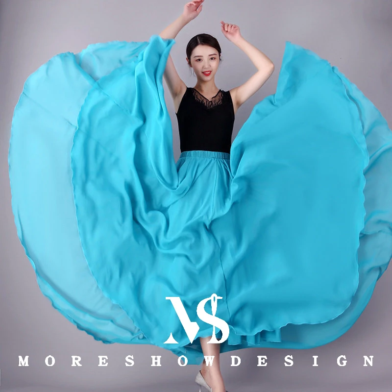คลาสสิกเต้นรํากระโปรงชีฟองผู้หญิง 720 องศา Double Layer ขนาดใหญ่ Swing พื้นบ้านเต้นรํากระโปรงยาวกระโปรงเต้นรําอุปกรณ์เสริม