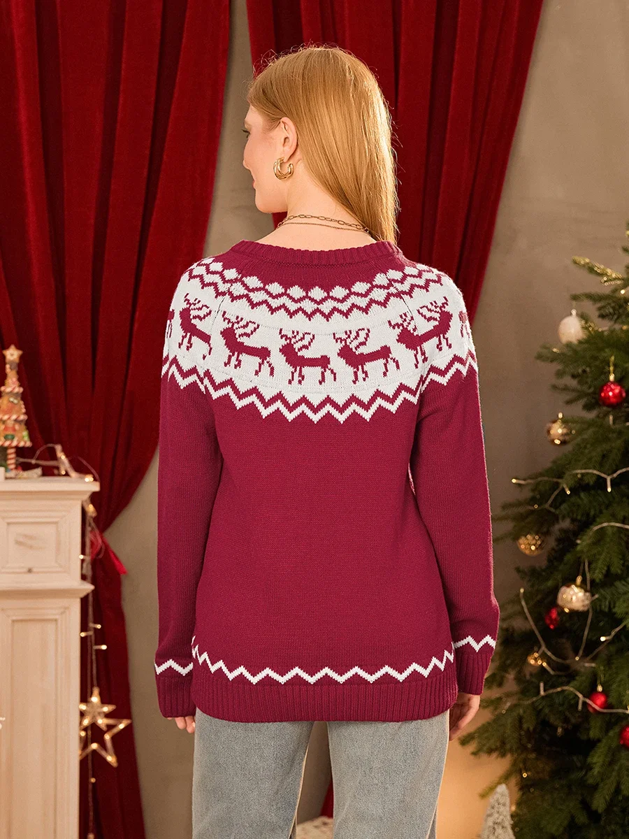 Women's Christmas Reindeer Sweater Vintage Loose Scoop Neck Long Sleeve Pullover Tops for Fall Winter