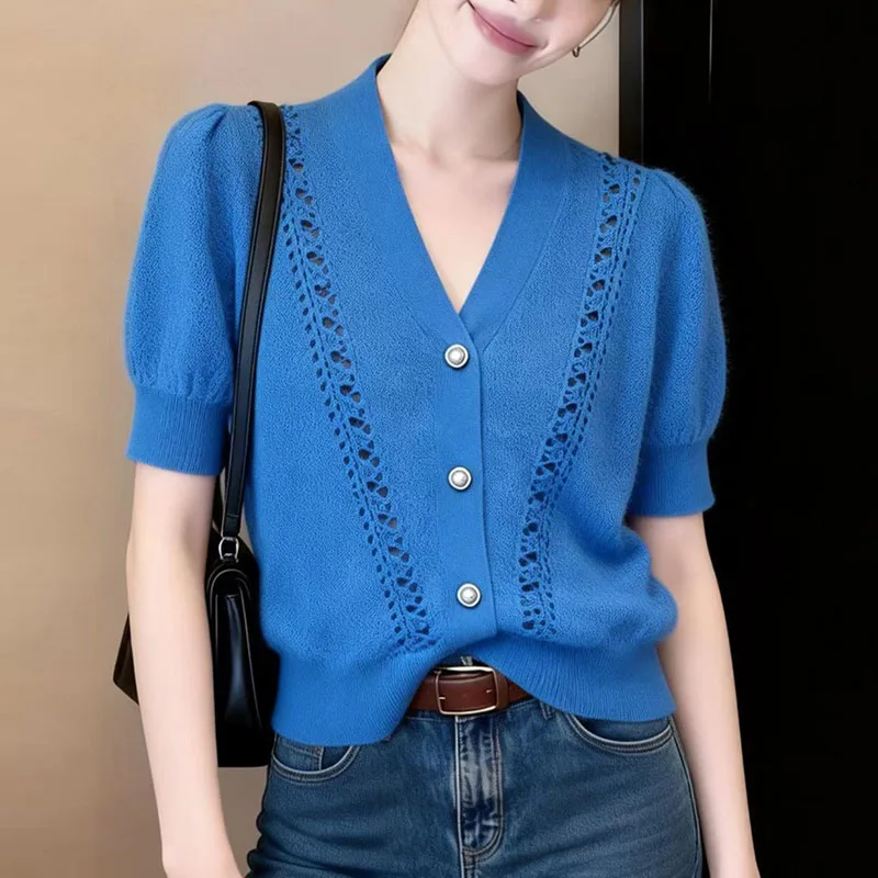 

New Summer V-Neck Knitted Sweater Women Cardigans Short Sleeve Hollow Out Knit Sweater Cardigan Women Tops Sueter Feminino Q3957