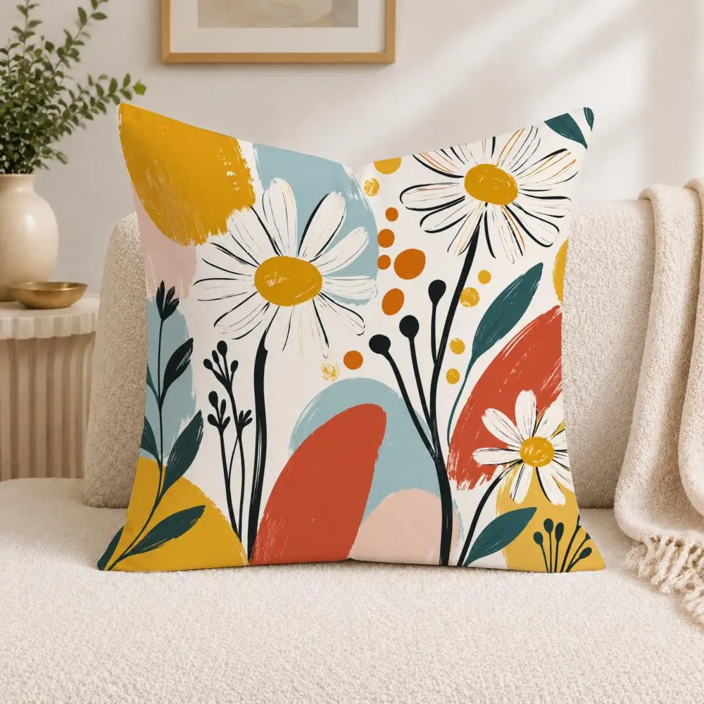 Modern Daisies Retro Minimalist Cushion Cover Square Decorative Sofa Pillow Case Bedroom Living Room Home Decor Gift