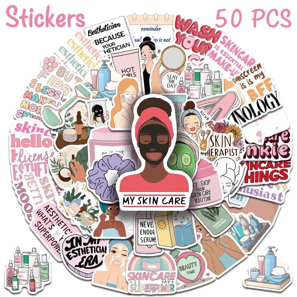 50pcs Skin Beauty Stickers Aesthetic Skincare & Esthetician Decals For Journal Laptop Guitar Skateboard DIY Graffiti Stickers