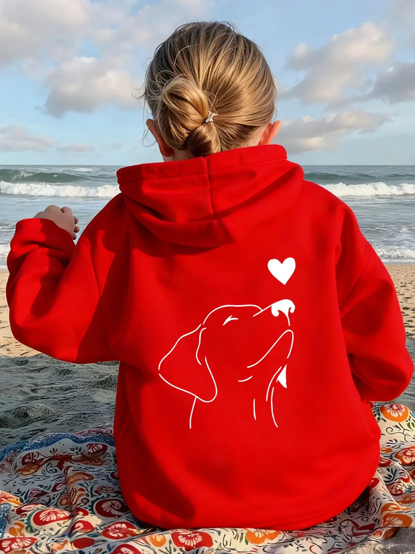 Teen Girls Cute Minimalist Dog Heart Graphic Hoodie Back Printed Black Sweatshirt Dog Lover Loose Hooded Pullover Tops